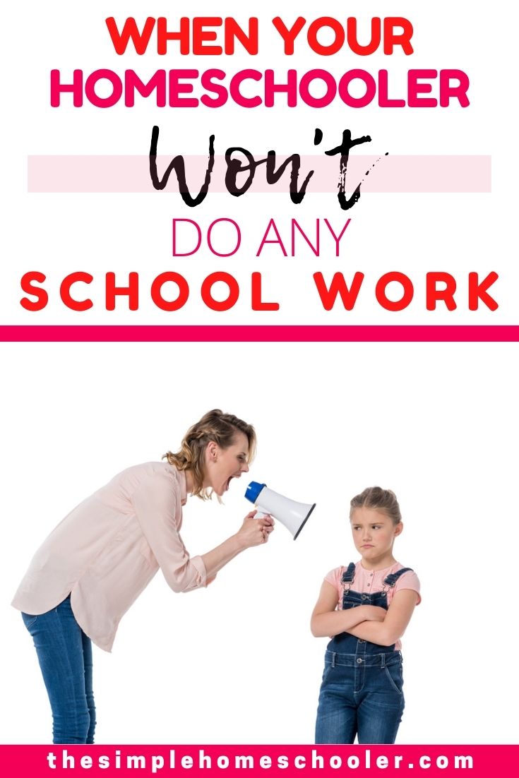 Is your homeschooler refusing to do school work? Are you in a battle of the wills every day and thinking about quitting? You CAN stop fighting and still win the battle! Click to explore the reasons your homeschooler won't do work and exactly what to do to change your child's attitude.